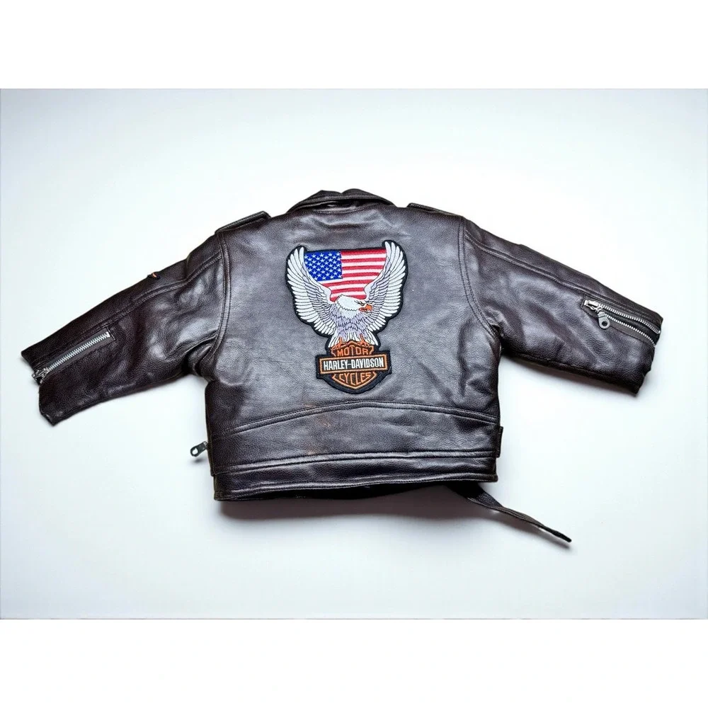 VINTAGE 90's HARLEY DAVIDSON‎ BROWN EMBROIDERED BIKER JACKET Toddler Sz 2T
